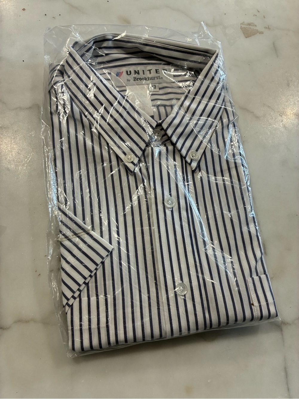 Vtg UNITED AIRLINES Pinstripe Mens Shuttle By United Shirt Short Slv 17 XL neck